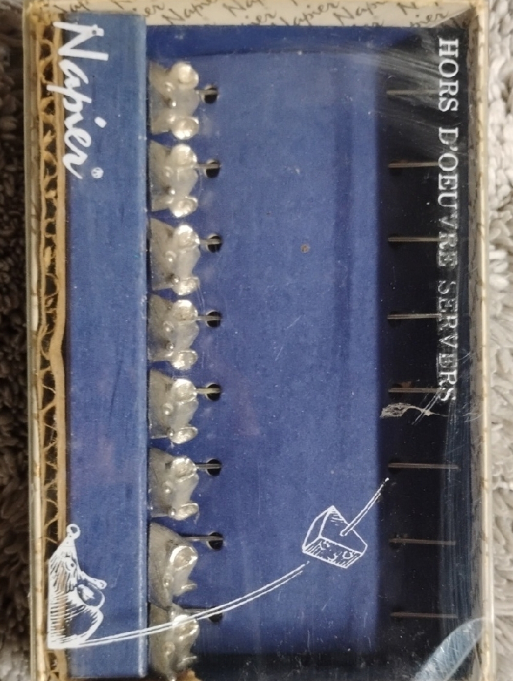 Napier Blue Hors d'Oeuvre Server Picks with Silver Mouse Vintage 1970